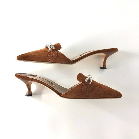 Manolo Blahnik Vintage Chain Link Brown Suede Kitten Heel Pointed Toe Mules 37 - Picture 6 of 12